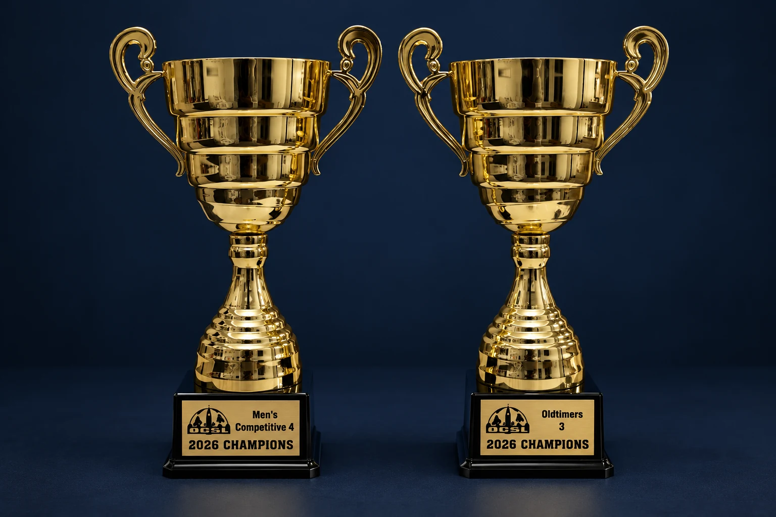 The club’s 2026 OCSL Men’s Competitive Division 4 and Old Timers Division 3 championship trophies